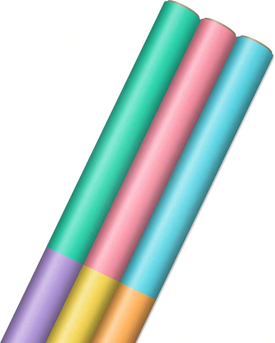 - Rollos de papel de regalo en colores pastel, color rosa, morado, azul, verde, amarillo, naranja (juego de 3 rollos: 75 sq.pies ttl.)Para cumpleaños, shower, Pascua, cualquier ocasión - Rosa, amarillo, azul - Ver 1