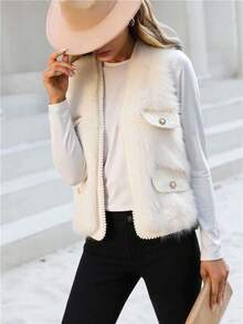 Novedad otoño/invierno: chaleco de piel sintética con detalles de perlas. Elegante, informal, sensual, ideal para salir, festivales, Año Nuevo, Navidad, Halloween y citas. - Blanco - Ver 1