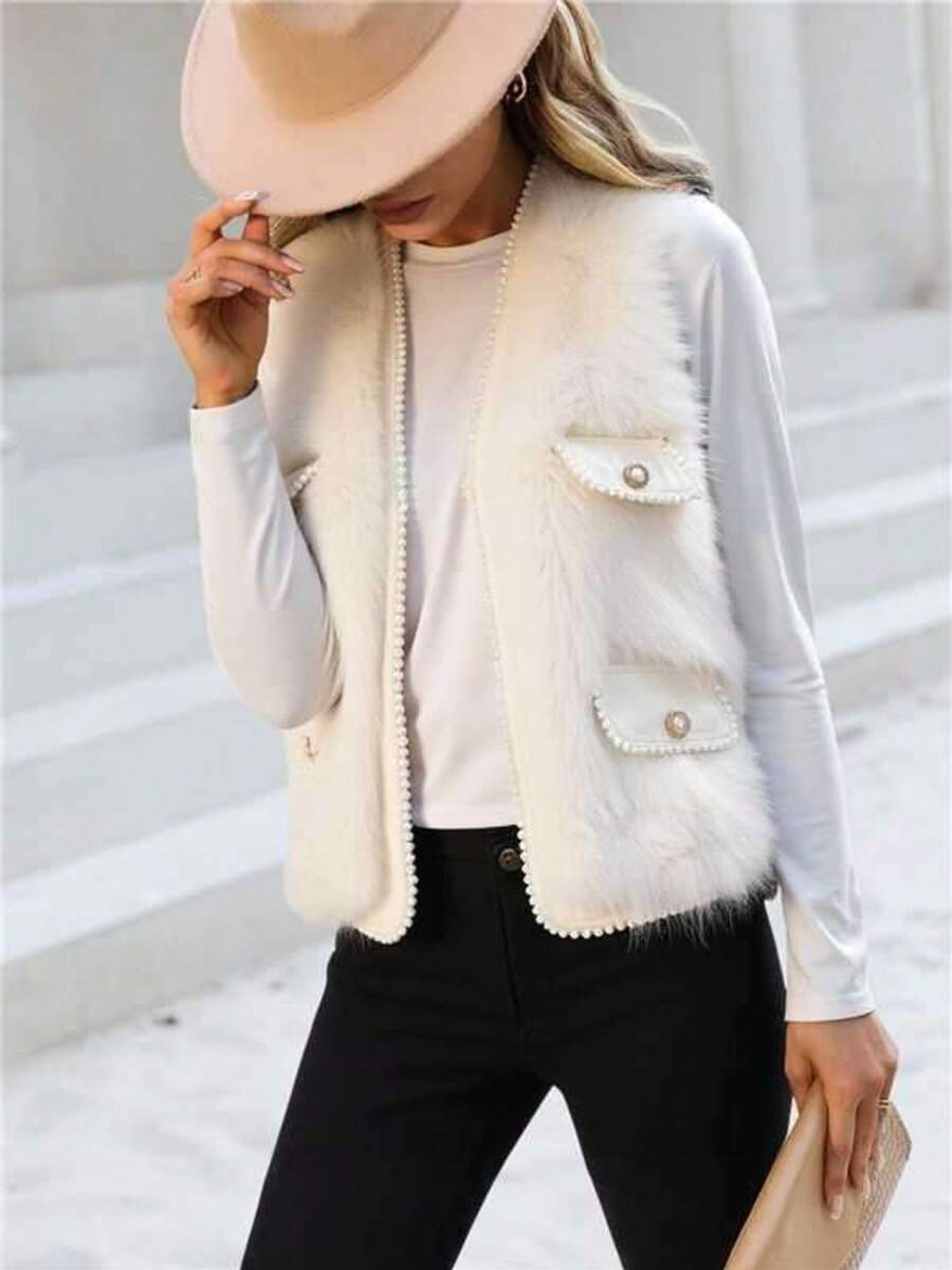 Novedad otoño/invierno: chaleco de piel sintética con detalles de perlas. Elegante, informal, sensual, ideal para salir, festivales, Año Nuevo, Navidad, Halloween y citas. - Blanco - Ver 1