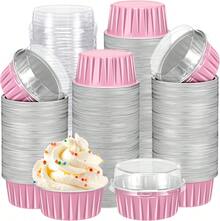 CHIPRISE 100-Piece Set (50 Cups + 50 Lids) Mini Cheesecake Containers With Lids, Paper Cupcake Liners, Disposable Aluminum Foil Cream Pudding Pots, Mini Pie Pans With Lids - Ideal For Puddings, Custards, Mini Cakes, And Other Desserts. Perfect For Parties, Weddings, Outdoor Events, And Holidays Like Christmas And Halloween. - 粉色 - 查看 7