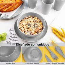 Juego de vajilla de 44 piezas, juego de vajilla de paja de trigo, vajilla reutilizable de fibra irrompible para 4 personas, libre de BPA, apto para lavavajillas y microondas (gris claro) - Gris Claro - Ver 11