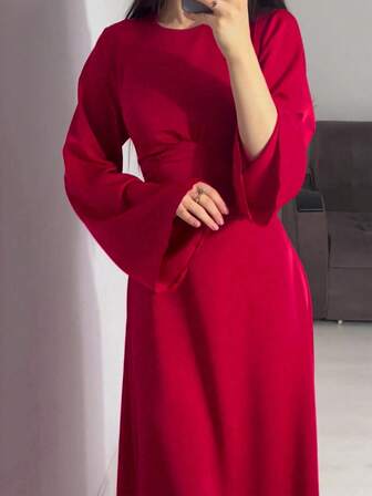 Women's Elegant Fashion Bell Sleeve Solid Color No Zipper Twist Formal Evening Arabian Dresses
