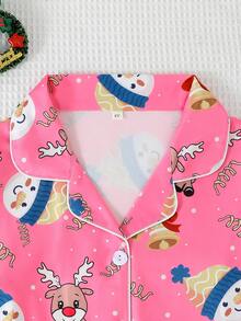 2pcs/Set Girls & Teens Casual Cartoon Christmas Deer & Bell Print Lapel Long Sleeve Cardigan And Pants Sleepwear Set, Flame Retardant, Suitable For All Seasons & Christmas - Pink - View 4