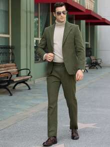 Bộ vest 2 món dành cho nam, áo khoác và quần, hàng khuy đơn, vải len, màu xanh ô liu, XS-XXXL - Màu xanh lá cây đậm - Xem 4