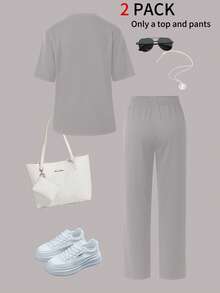 2pcs Women's Summer Set, Personalized Letter Print Round Neck Short Sleeve T-Shirt Paired With High Waist Drawstring Straight Leg Pants - Grey - View 4