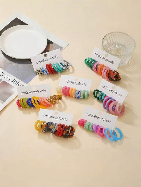 Set de 5-6 pares de aretes de moda exagerados de acrílico con diseños aleatorios de letras, multicolor, vintage, Y2K, geométricos, adecuados para mujeres, Día de la Madre, San Valentín, Navidad, uso diario