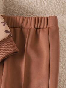 2pcs Baby Girls Casual Minimalist 3D Bow Ruffle Trim Long Sleeve Top And Pants Set, Spring/Autumn - Coffee Brown - View 9