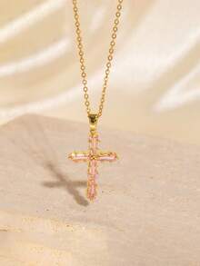 1pc Fashionable European & American Style Cross Pendant Necklace, Stainless Steel Chain Delicate Choker Necklace, Gold Chain, Cute Pink Zirconia Inlaid, Personalized Creative Everyday Wear, Holiday Party Gift