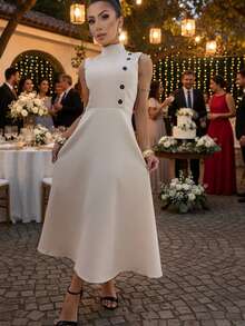 High Neck Midi Dress Flared Dress With Marked Waist Premium Tailoring Elegant With Front Buttons | Women's Fashion 2025 Evangelical Fashion | Sophisticated Look For Party, Work And Casual Chic - 杏色 - 查看 9