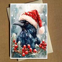 Aquarell Feiertags-Rabe Karte, Weihnachts-Rabe Grußkarte, festliche Wintervogel Kunst, handgemachte Feiertags Karte, Aquarell Grußkarte - 11cm/4,33"x16cm/6,29", Weihnachtskarten mit Umschlägen, Grußkarten, Grußkarten mit Umschlägen, Pop-up Karten, Pop-up Weihnachtskarten