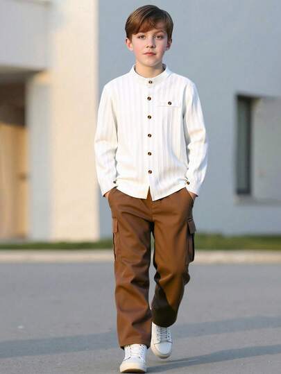 2pcs/Set Tween Boy Fashionable Long Sleeve Shirt And Casual Comfortable Pants Outfit, Suitable For Spring And Autumn Outdoor Wear