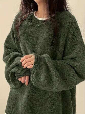 New Autumn/Winter Loose Knit Sweater For Women, Cozy Lantern Sleeve Round Neck Pullover Top