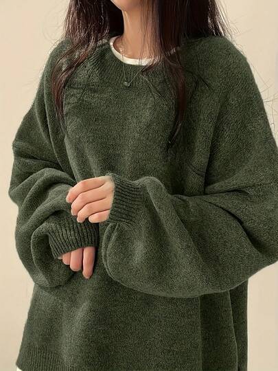 New Autumn/Winter Loose Knit Sweater For Women, Cozy Lantern Sleeve Round Neck Pullover Top