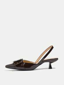 Tacones altos de punta fina con hebilla de strass y tacón de gatito sin respaldo, elegantes y sexys para fiesta, boda, exterior, citas, regalo de cumpleaños, trabajo, todo el año, color marrón oscuro