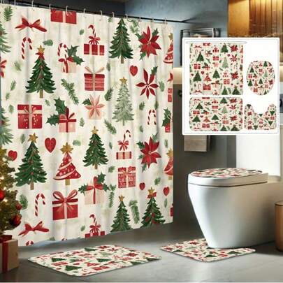 4 piezas Juego de baño navideño, incluye cortina de ducha de poliéster impermeable, alfombra de baño antideslizante, tapa de inodoro en forma de U y alfombra contorneada, lavable a máquina, con 12 ganchos, diseño de flor de Pascua y acebo - Accesorios decorativos de baño navideños