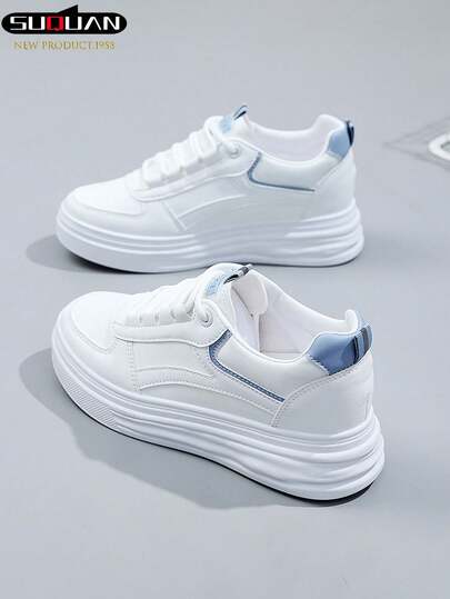 1 Pair Women's White Sneakers, Fashion Casual Lace-Up Flat Shoes, Student School Shoes, Versatile Sporty Shoes, Suitable For Spring And Autumn, Fashionable, Comfortable White Shoes, Solid Color Flat Outdoor Skateboard Shoes, Running Shoes