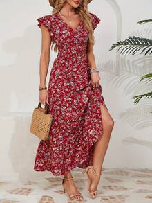 Women's A-Line Summer Dress, Ruffled Sleeves, V-Neck, Floral Print, Elastic Waist - 紅色 - 查看 1