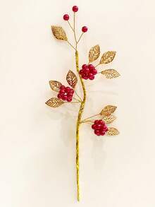 1pc/3pcs Metal Leaf Artificial Flower Handmade Beaded Faux Berry Realistic Plant Decor For Home, Desktop Decoration