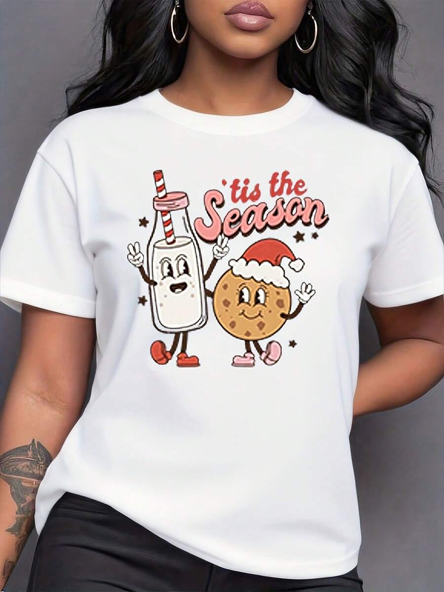 'Tis The Season Christmas Cookie And Milk Cartoon Holiday T-Shirt For Women, 220g - trắng - Xem 1