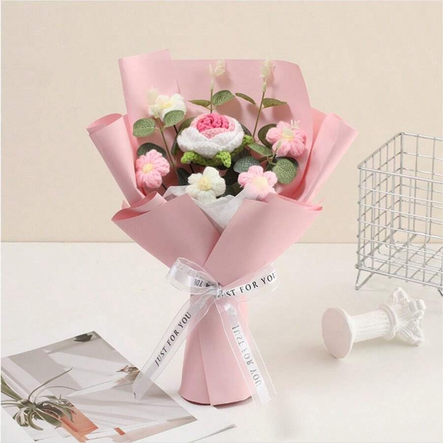 Ramo de flores de ganchillo Flor de punto Decoración del hogar Regalo del día de la madre Flores artificiales para el cumpleaños del día - Rosa - Ver 1