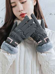 1双女士冬季手套，加厚毛绒内衬触摸屏保暖手套，适用于骑行、登山、滑雪、防风防寒、摩托车毛绒手套、触摸屏手套防水面料