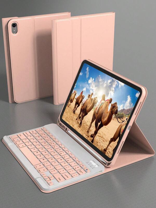 Funda de teclado compatible con iPad, teclado inalámbrico y funda de cuero desmontable con soporte para bolígrafo, compatible con modo de suspensión/activación automático, teclado Bluetooth inalámbrico desmontable con batería de 150 mAh, funda de soporte delgada y ligera - Rosa