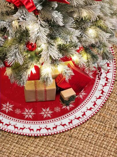 1PC Red With Snowflake & Reindeer Pattern Christmas Tree Skirt, Rustic Fabric Round Large 36 Inch Decorative & Protective Christmas Tree Mat For Christmas, Winter, New Year Holiday Party, Indoor Outdoor Decor