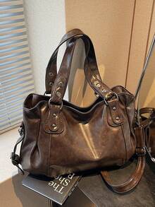 1 Pc Vintage Oversized Tote Bag - Boho PU Leather Crossbody Purse For Women, Spacious Travel & Everyday Shoulder Bag With Matching Wallet , Women Casual Tote Bag & Wallet, New Arrival Tote Bags For Woman , Vintage Bag , Y2k , Office , Valentine's Day Gifts For Women - 咖啡棕 - 查看 12