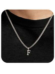 1 pièce Chaîne cubaine en acier inoxydable avec 26 lettres de l'alphabet anglais, collier pendentif avec lettre de A à Z, personnalisé, convient pour le port quotidien des hommes ou en cadeau - Acier - Voir 27