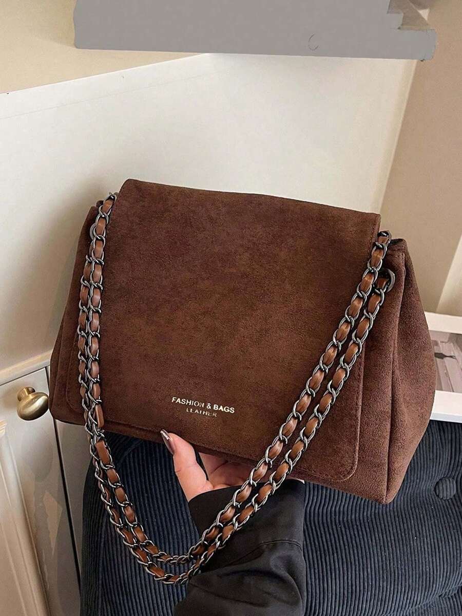 1 szt. Jesienno-zimowa torebka na ramię w kolorze brązowym w stylu vintage, z łańcuszkiem, modna faktura, damska, uniwersalna, codzienna torebka typu crossbody, odpowiednia na codzienne dojazdy do pracy, randki, prezent - Kawowy brązowy - Zobacz 1