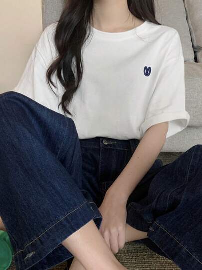 纯色圆领短袖长款宽松刺绣卷边休闲女式T恤，春夏