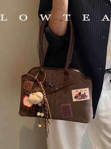low tea 1 件纯色绒面革女士单肩包，复古时尚休闲单肩包，双手柄和拉链开合，适合日常外出、约会、通勤，配有吊坠 - 咖啡 - 查看 5