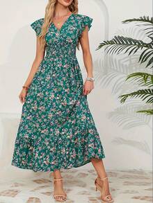 Women's A-Line Summer Dress, Ruffled Sleeves, V-Neck, Floral Print, Elastic Waist - 綠色 - 查看 3