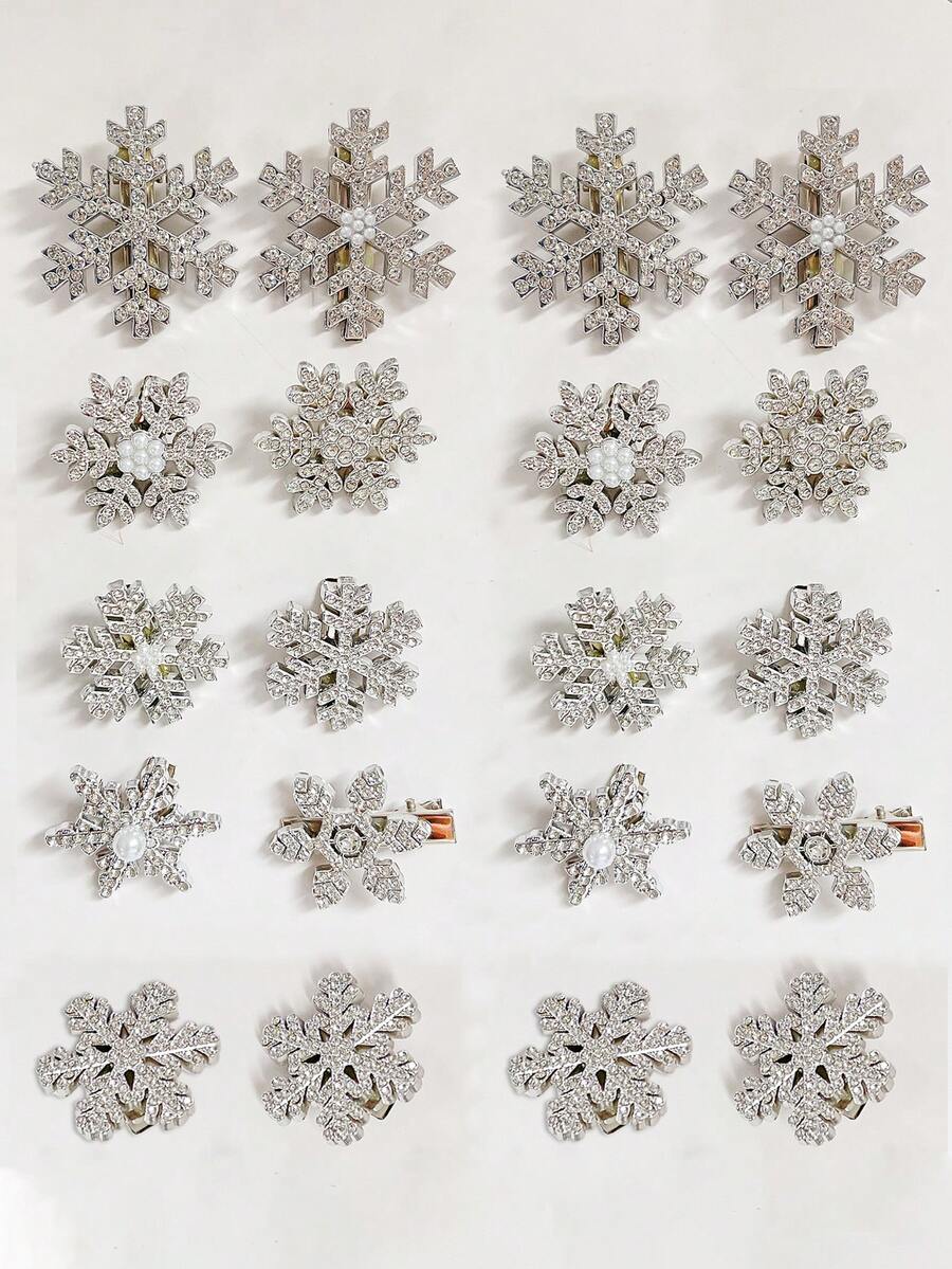 20个女士银色雪花仿珍珠发夹,水钻冬季氛围发饰,鳄鱼夹刘海发夹,优雅日常及圣诞雪花发饰,新年必备,派对造型,头部配饰,发夹 - 銀色 - 查看 1