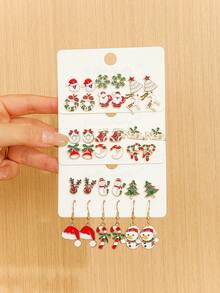 6 أزواج من أقراط عيد الميلاد بتصاميم بابا نويل، ثلج، قصب السكر، رنة، وقبعة عيد الميلاد للنساء