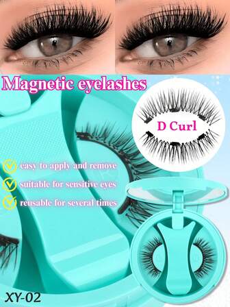 1 对 XY-02 磁性 D 卷假睫毛套装 - 可重复使用且无胶水，配有专业镊子，长度 7-11 毫米，具有三个磁铁，易于使用，5 秒内即可粘贴，自然外观 - 无需胶水，卡通风格和自然长蓬松的仿貂皮睫毛，3D 条睫毛，轻盈柔软，增强眼部魅力，非常适合日常化妆、旅行、派对、工作和礼物，万圣节和圣诞节的必备品。