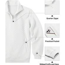 Mens Quarter Zip Pullover Quilted Sweatshirt Knit Long Sleeve Mock Neck Sweater Polo With Pocket - White - View 5