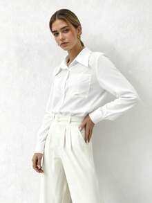 白色长袖纽扣衬衫，优雅休闲日常办公上衣，女士 - 白色 - 查看 10