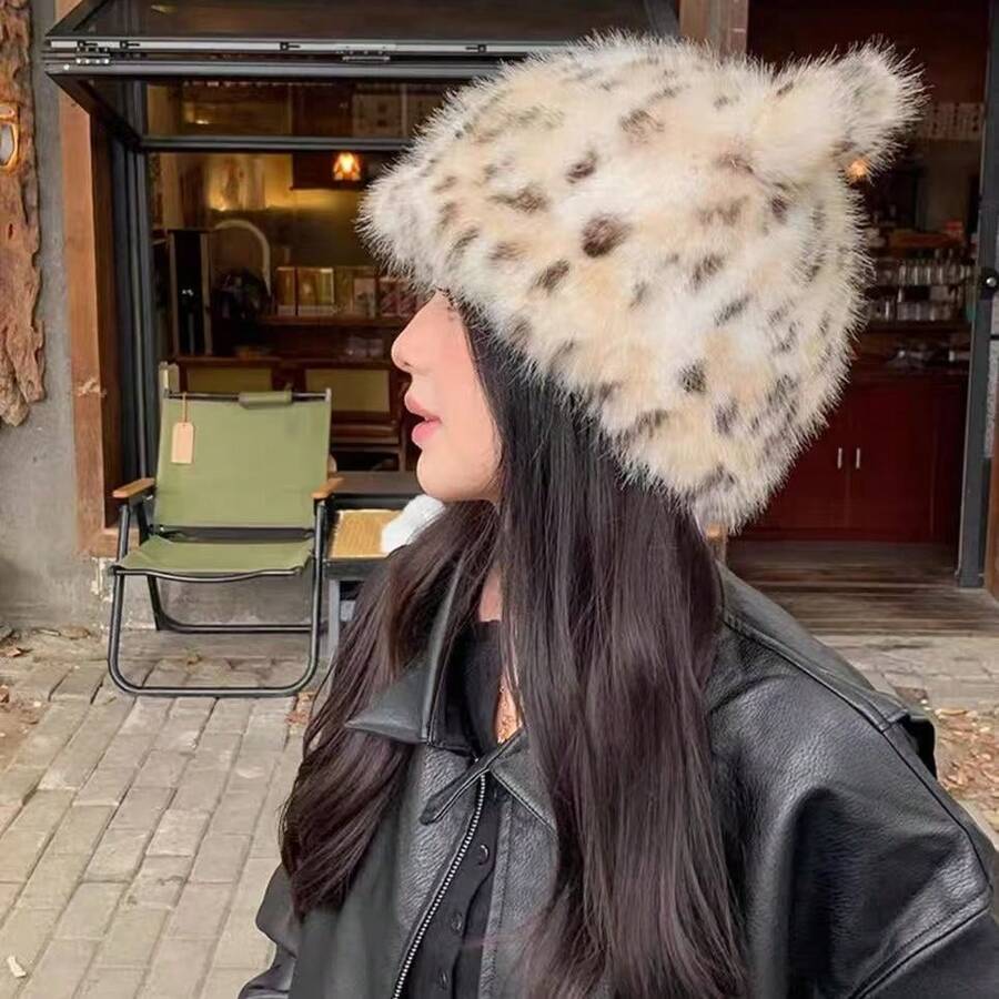 New Leopard Print Bucket Hat With Cute Bear Ears, Fashionable Thick Plush Warm Faux Leather Hat For Women, Comfortable Stylish Elegant Headwear Suitable For Daily Outings In Autumn/Winter - Multicolor - View 1