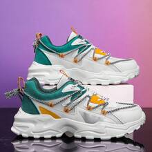 Zapatillas deportivas casuales con diseño de letra, suela gruesa y cordones delanteros para hombres. Zapatos deportivos casuales ligeros, versátiles y de moda para uso diario y running. Diseño de suela gruesa con efecto estilizante.