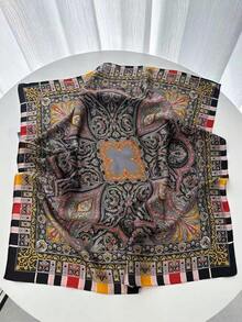 1条70*70厘米方形真丝围巾，女士缎面印花头巾，颈巾，发带，时尚女士披肩，围巾 - 黑色棕色腰果 - 查看 2