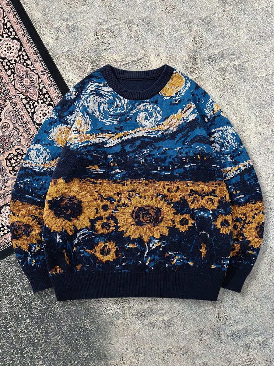 Men's Casual Loose Vintage Knit Sweater With Van Gogh Sunflower & Starry Sky Painting Inspired Pattern, Retro Style, Long Sleeve Crew Neck, Suitable For Autumn And Winter - Màu xanh hải quân - Xem 1