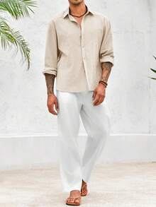 Men's Casual Cotton Linen Button Down Shirts Cuban Guayabera Shirt Long Sleeve Summer Beach Tops - 米色 - 查看 4