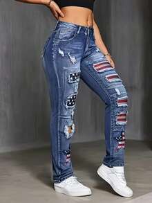 Casual Women's Long Jeans In Denim With Ripped Details And American Flag Embroidery High Stretch Straight Leg Fit - Màu xanh lam - Xem 2
