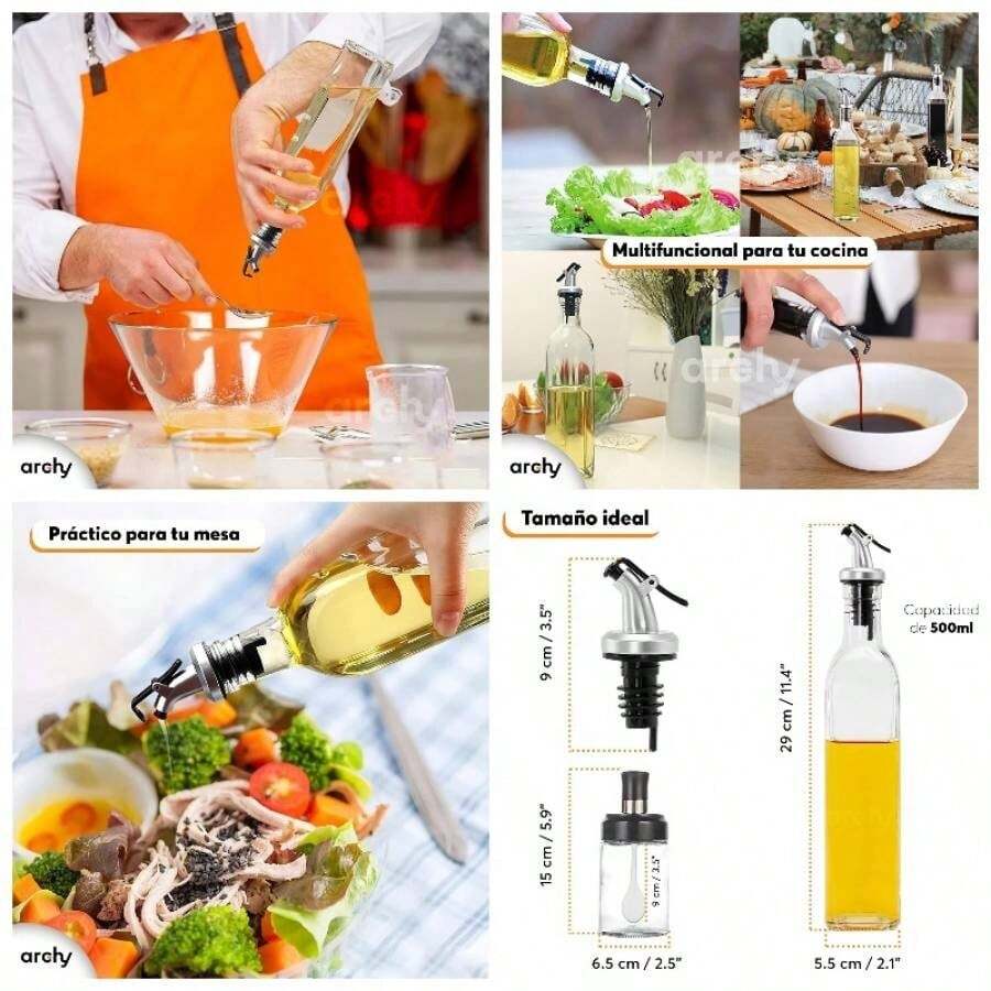 Aceiteras de Cocina 5 en 1 Set 2 Botellas de Aceite 500u202Fml 3 Especieros Salsero Aceitera de Oliva Vinagre Balsamico Dispensador Botella de Vidrio con Boquilla Antiderrame ACEITERAESP5 - 5 en 1 - Ver 1