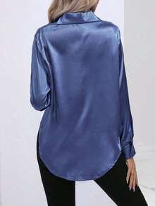 Women's Casual Solid Color Long Sleeve Faux Satin Polyester Shirt With Lapel Button Design - View 2