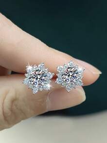 2pcs 925 Silver 0.5Carat X 2 Moissanite Snowflake Stud Earrings, Fashionable & Sweet, Suitable For Women's Daily Wear, Parties, Commuting, Valentine's Day, Mother's Day, Wedding, Anniversary, Birthday, Bridal Jewelry Gift