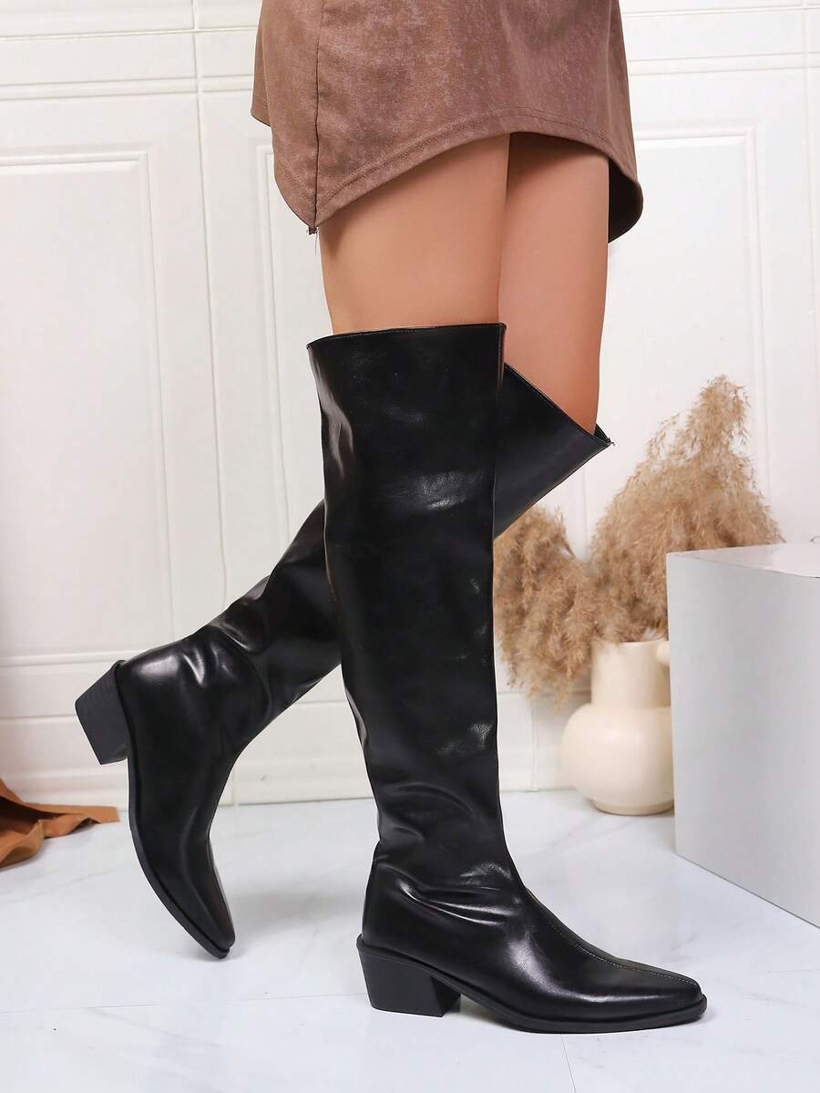 女士过膝靴，柔软尖头粗跟高筒靴，舒适宽筒过膝靴，褶饰靴，皮革宽筒过膝时尚靴 - 黑色 - 查看 1
