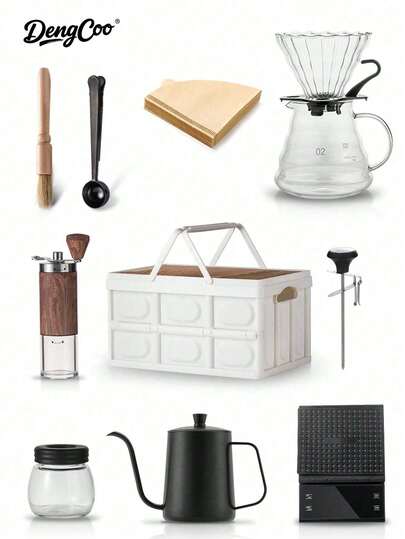 11件套双杯手冲咖啡壶套装、便携式咖啡礼品套装、旅行咖啡配件工具、600毫升咖啡壶和温度计、Size02（600毫升）玻璃咖啡壶（带V02滴滤）、手动咖啡研磨机、咖啡勺、咖啡秤、玻璃咖啡罐、咖啡研磨机清洁刷、100张咖啡滤纸、礼品盒/礼品袋、沙特国庆节礼物