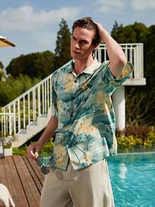Men's Silk Hawaiian Floral Shirts Short Sleeve Button Down Casual Tropical Holiday Beach Shirtshalloween - 水草綠 - 查看 5